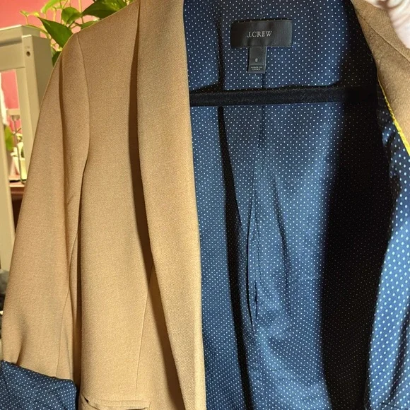 J. Crew Tan (brown) jacket w/pockets, inside lining is blue polka dot (see pics) - Picture 2 of 4